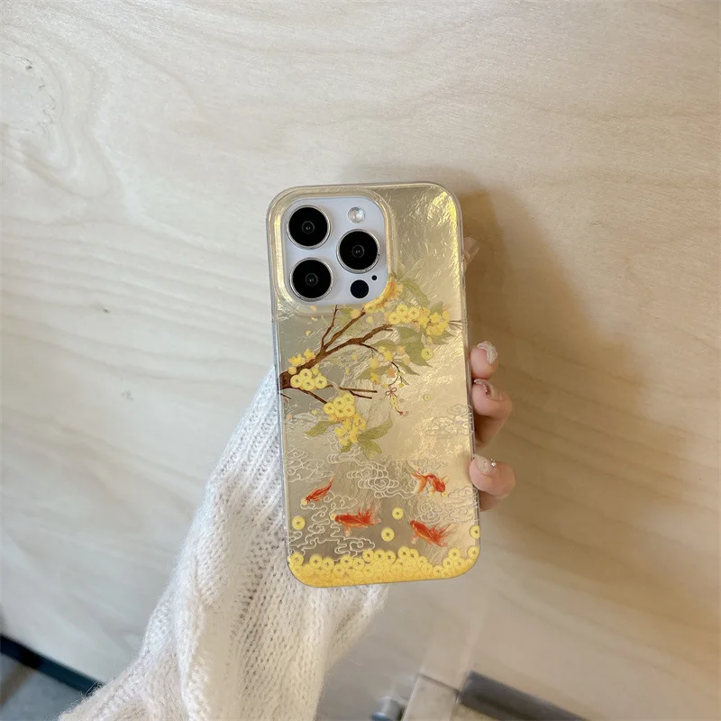 money tree goldfish lucky charm Pendant Phone case For iPhone 16 15 14 13 Pro Max Case Cute Luxury Chinese style Cartoon Cover