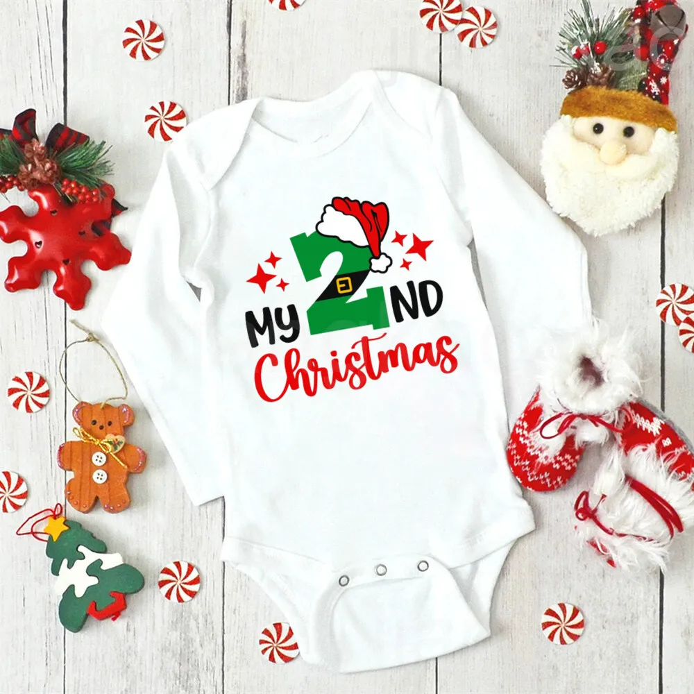 2nd Christmas Deer Printed Baby Romper Boys Girls Xmas Party Outfit Toddler Long Sleeve Bodysuit Child Winter Holiday Jumpsuit