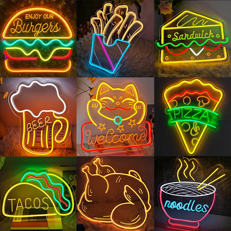 parede led iluminado letter sign neon light hamburger pizza taco hotdog ramen udon noodle loja fast food restaurante 01