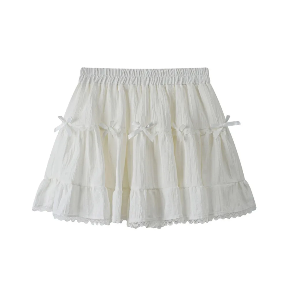 

High Waist Girls Short Mini Skirt with Safety Pants Loose Bowknot A-line Skirt Ruffle Cake Dress Lace Pleated Mini Skirts Lady
