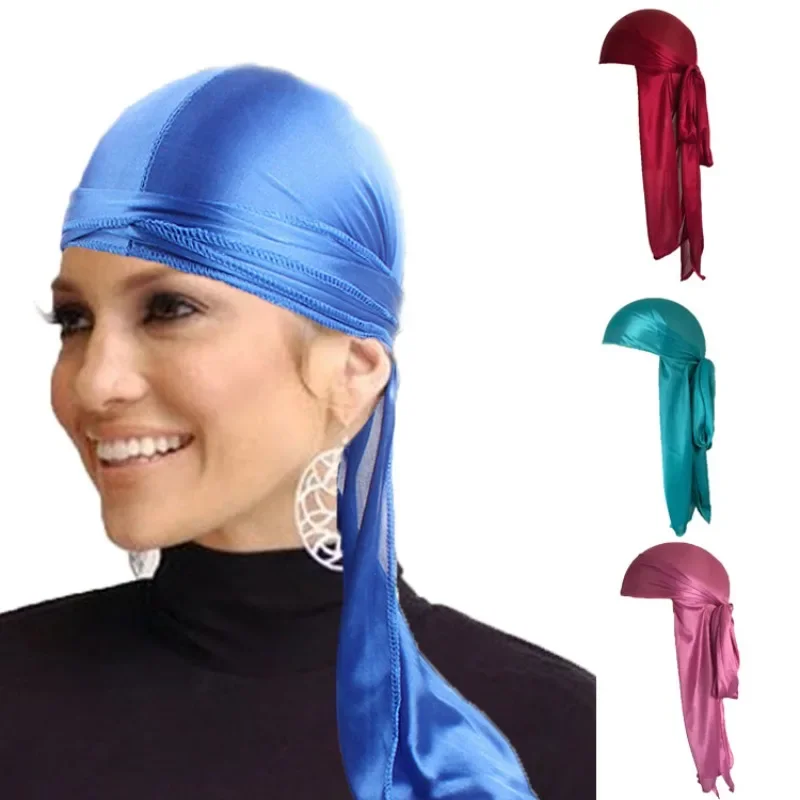 

Длинный хвост шелковый шарф Durag мусульманский Doo Rag пиратская шляпа Durag шапки Хемо банданы 18 цветов на выбор