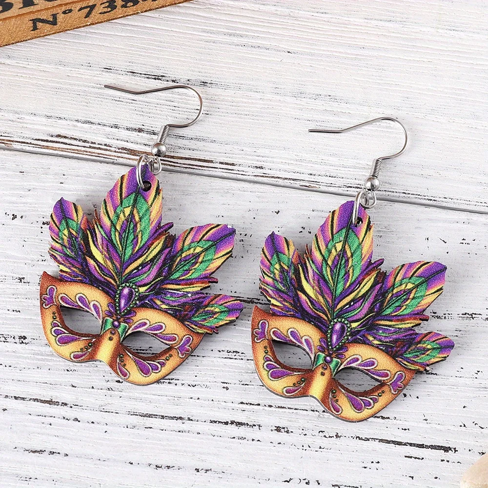 Mardi Gras Mask Design Dangle Earrings Party Cartoon Style Wooden Jewelry Carnival Female Ear Ornaments