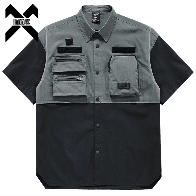 Hip Hop Tactical Cargo Shirts Men 2023 Summer Short Sleeve Color Patchwork Function Shirt Coat Loose Harajuku Tops