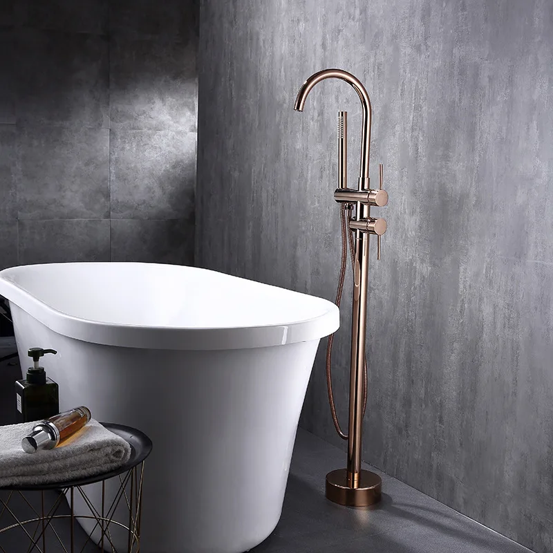 

Polished Rose Gold Brass Floor Mounted Bathroom Bathtub Faucet Water Mixer Tap Double Handles With Handheld Shower