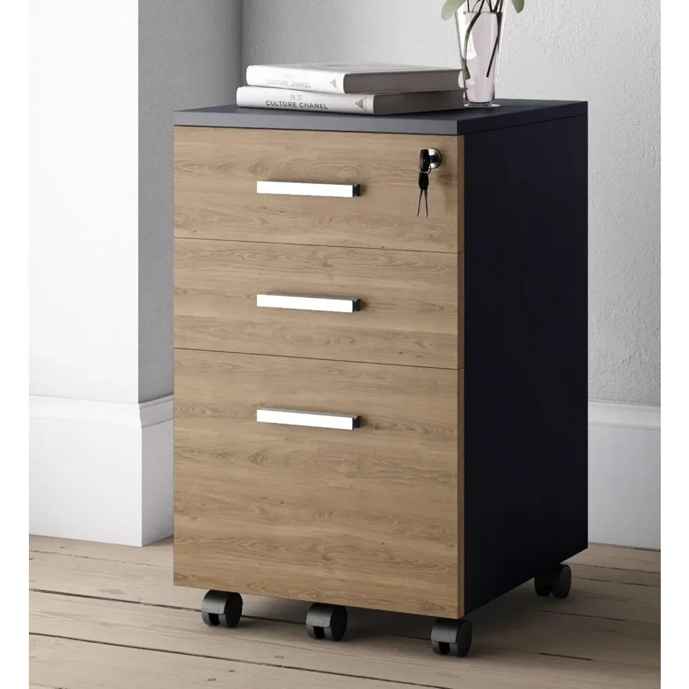 With Lock 3 Drawer Small Rolling File Cabinet Wood Printer Stand with Storage for A4 Size/Legal Documents, File Folders