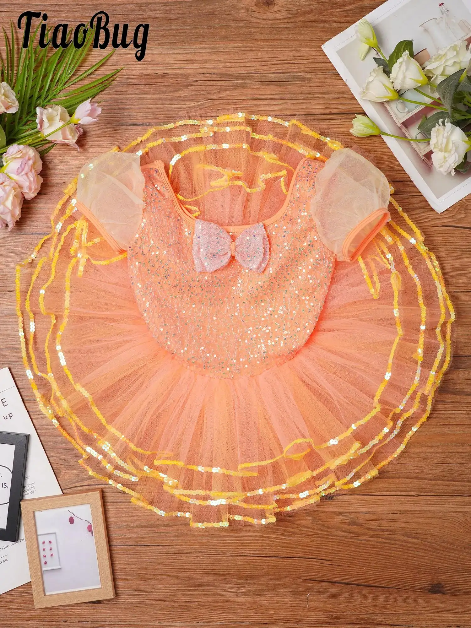 

Kids Girls Shiny Sequins Dance Dress Ballerina Ballet Stage Performance Costume Short Puff Sleeves Bowknot Layered Tutu Dress