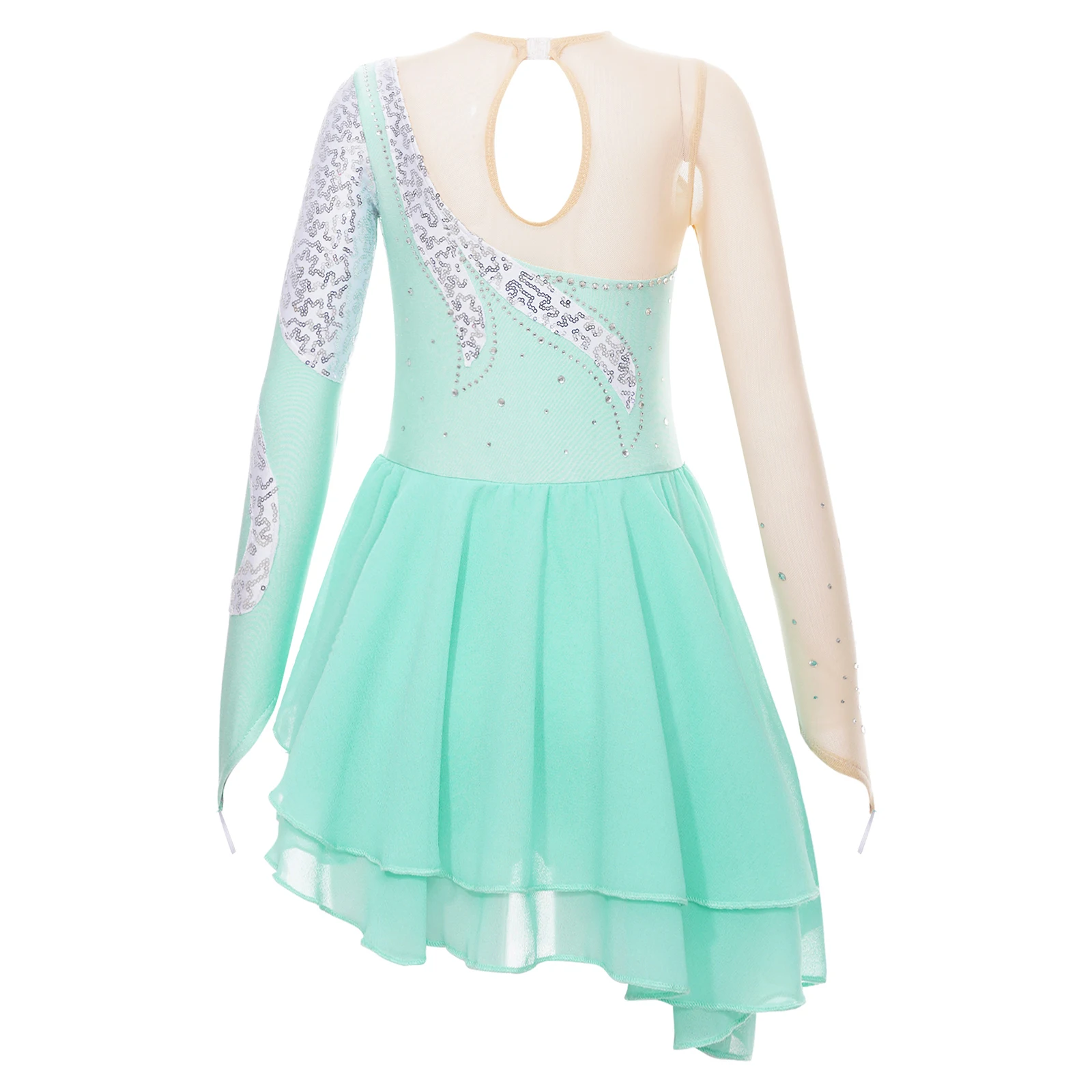 Kids Girls Figure Ice Skating Dress Long Sleeve Floral Sequin Tutu Ballet Dress Gymnastics Leotards Stage Performance Costume