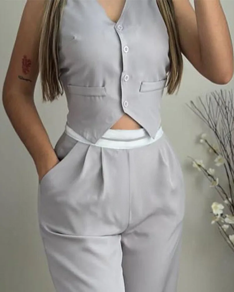 Elegant 2-piece Sets for Women Outfit 2024 Summer V-Neck Sleeveless Buttoned Vest Top & Pocket Design Daily Trouser Pants Set