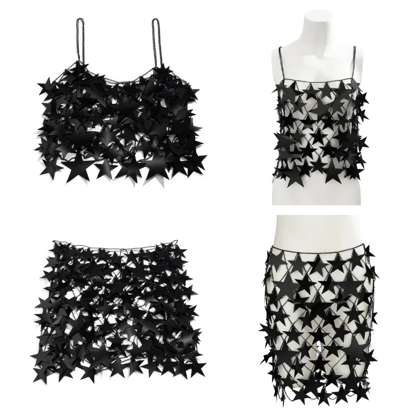 Star Chainmail Skirt In Silver Women Sexy Star Mini Jupe Top Body Chain Disk Jewelry Lady Beach Nightclub Dress Up Swim Cover