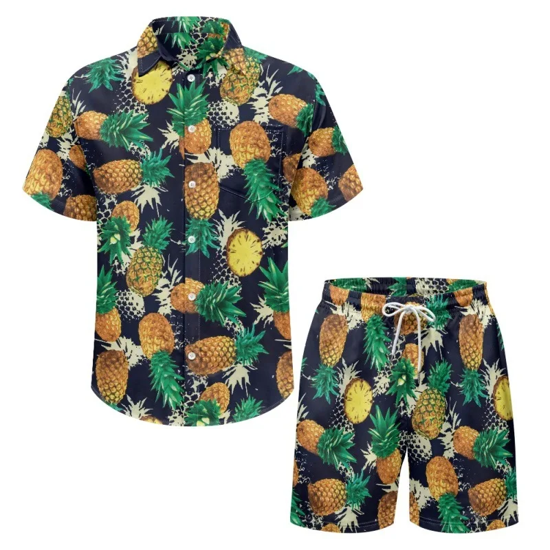 

Summer Hawaii 2u Shirt Suit men's Fashion Pineapple print, Set Fashionable short-sleeved Clothing