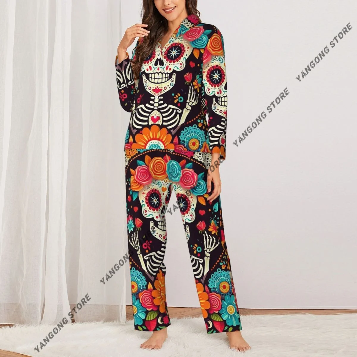 Spring and Autumn Pajama Set Women's Long Sleeve Pants Two Piece Day Of The Dead Skull Home Furnishing Set