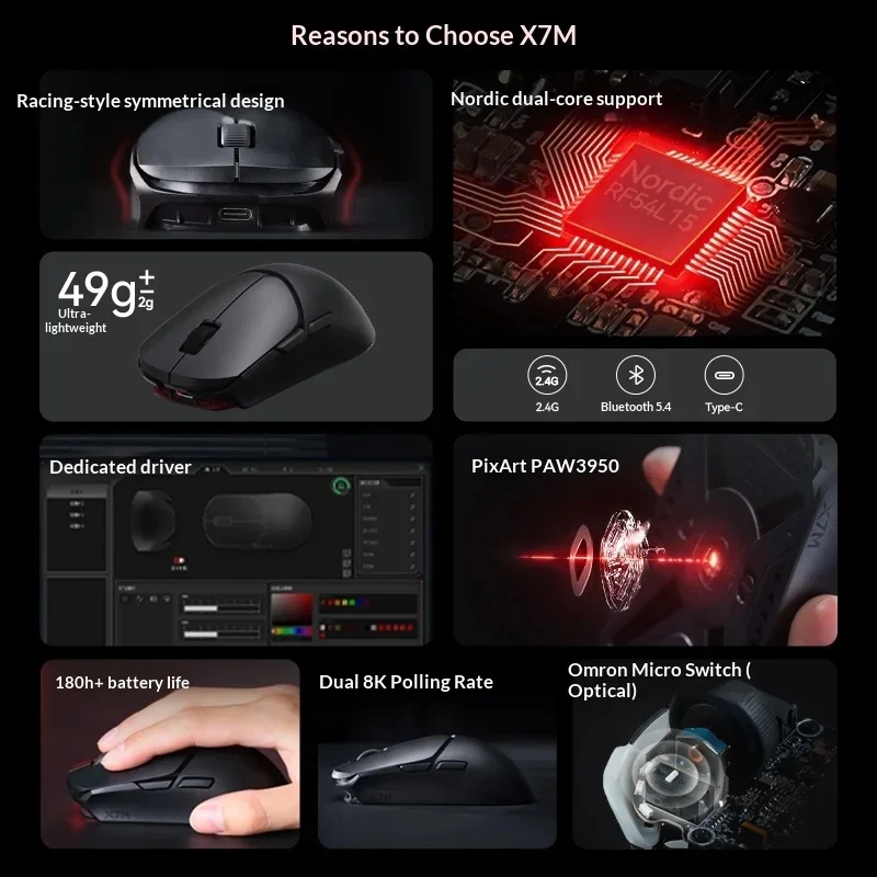 NEW MSI X7M 49g PAW3950 40K DPI 8K Wireless Gaming Mouse Omron Optical Switch 180H for Esports PC