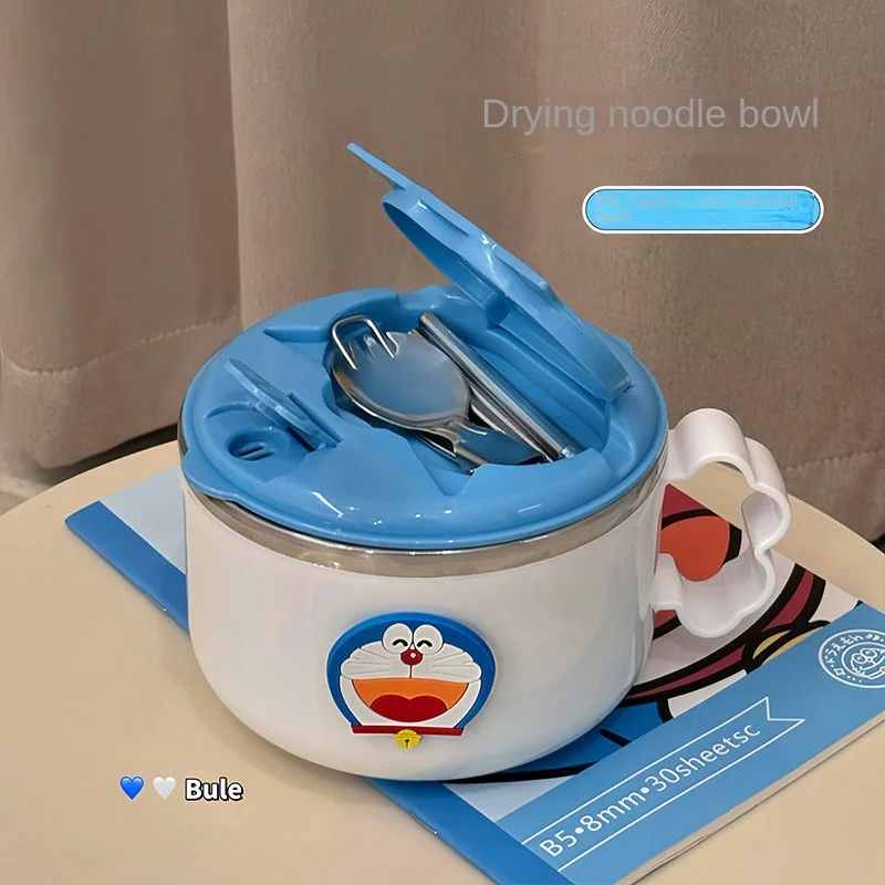 Anime Doraemon Cute 304 Stainless Steel Drip Water Noodles Bowl Lunch Box Insulated Bowl Student Dormitory Rice Dish Set