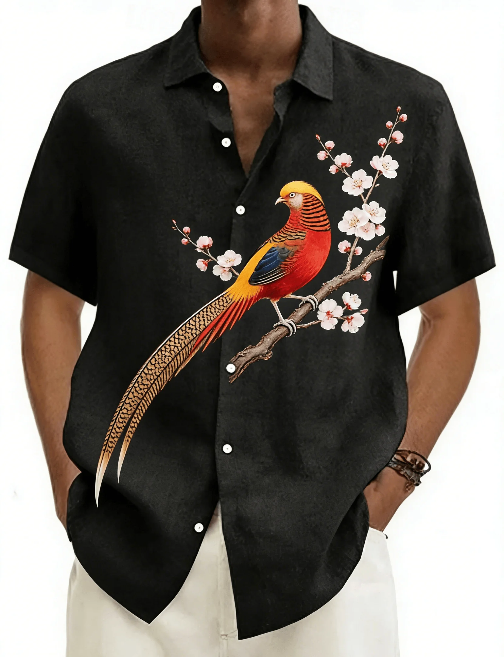 

Men's Black Golden Print Short Sleeve Shirt, Spring Summer Chinese Style Casual Vacation Blouse, Loose Casual Top