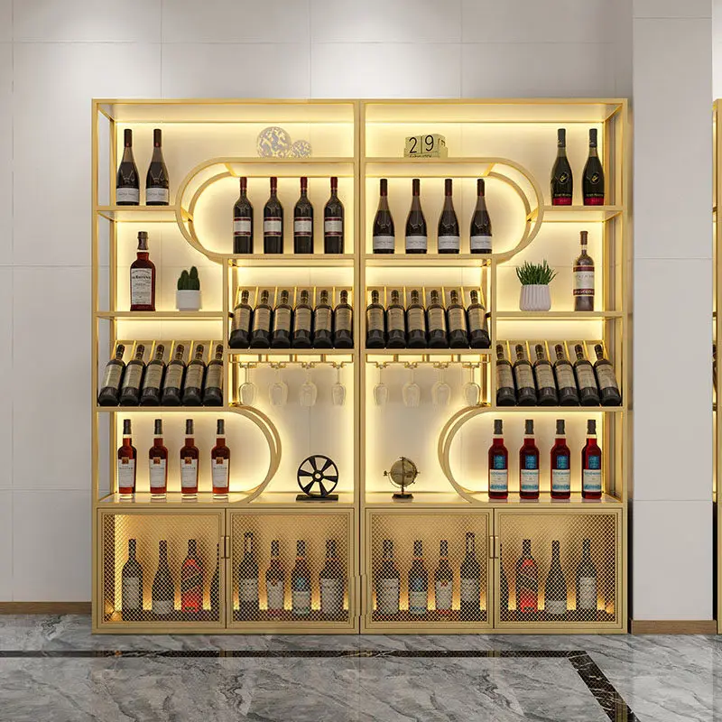 

#@Red wine cabinet display stand, iron art floor-standing wine rack, winery red cabinet, white cabinet storage rack