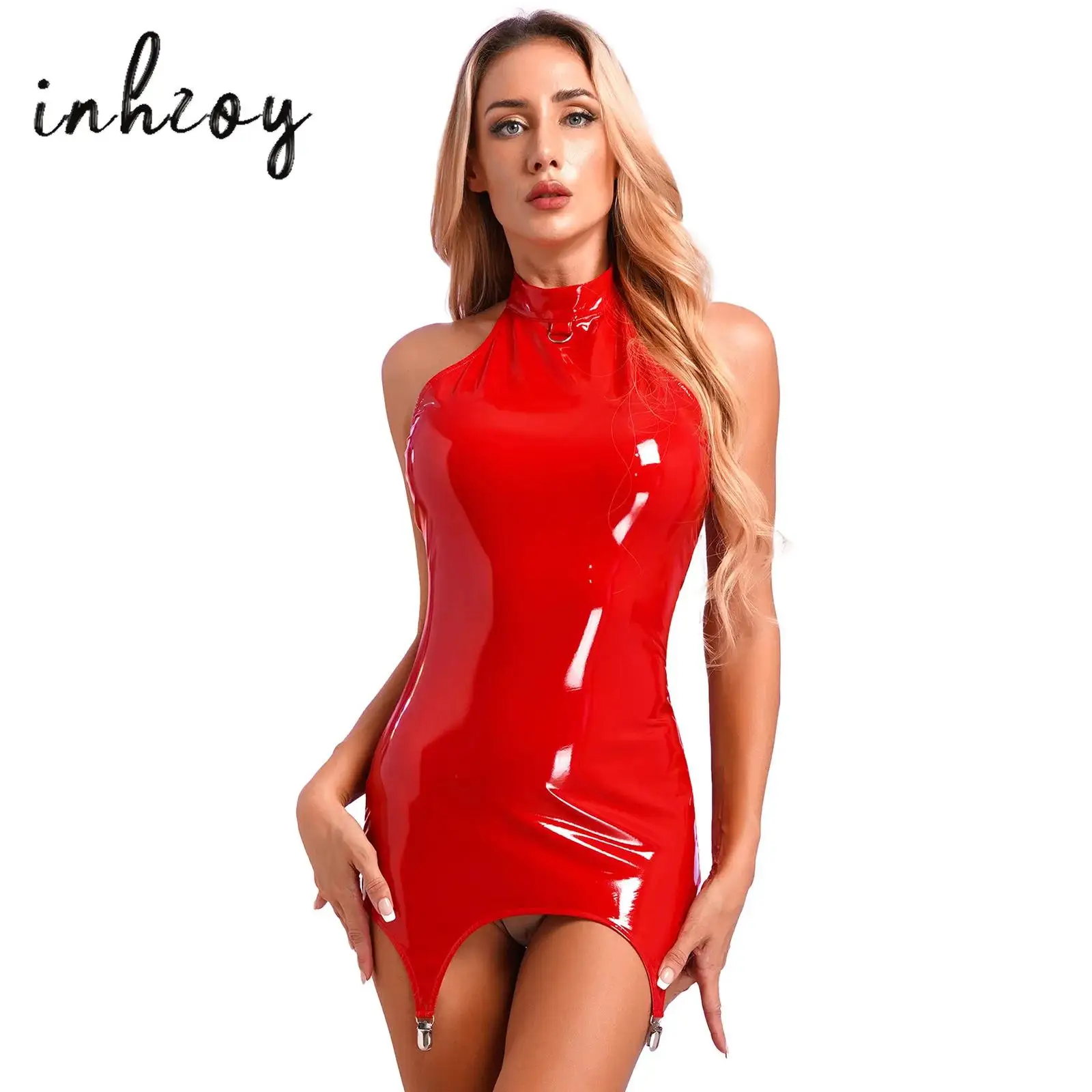 

Women Glossy Patent Leather Dress Skirt Strapless Exotic Zip Back Skinny Bodycon Mini Dress with Garters Set Pole Dance Clubwear