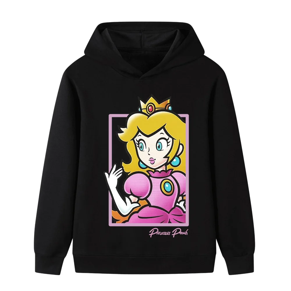 Nueva sudadera con capucha para niñas con estampado de dibujos animados de princesa melocotón de Super Mario, sudadera suave y cómoda para exteriores para otoño e invierno