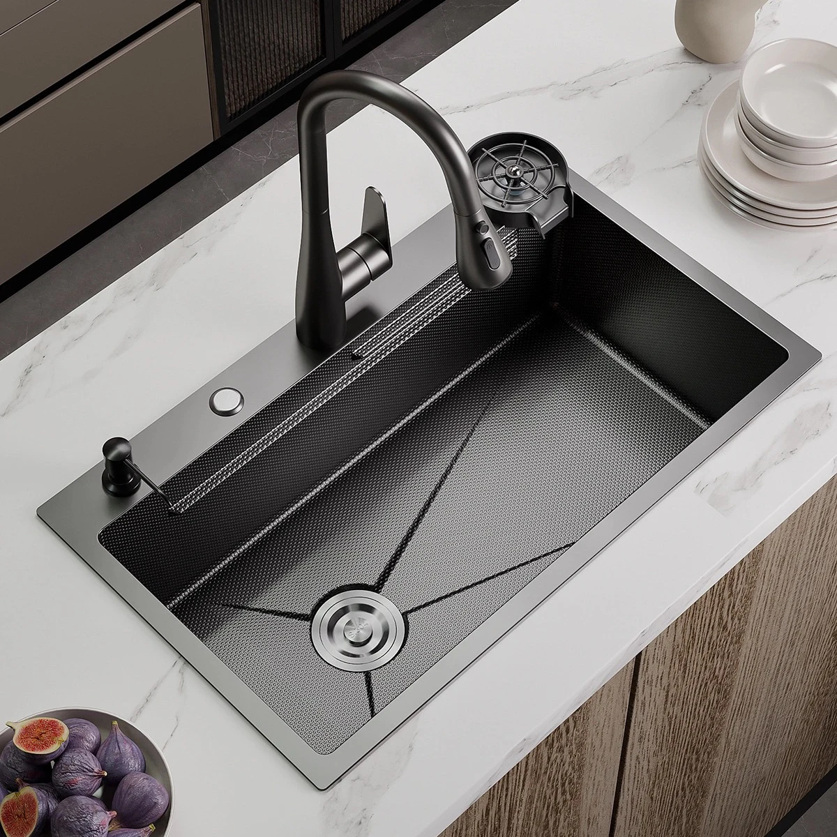 

Серебряная нано-эмбоссированная кухонная мойка из нержавеющей стали 304, большая одинарная чаша, многофункциональная раковина для дома и кухни