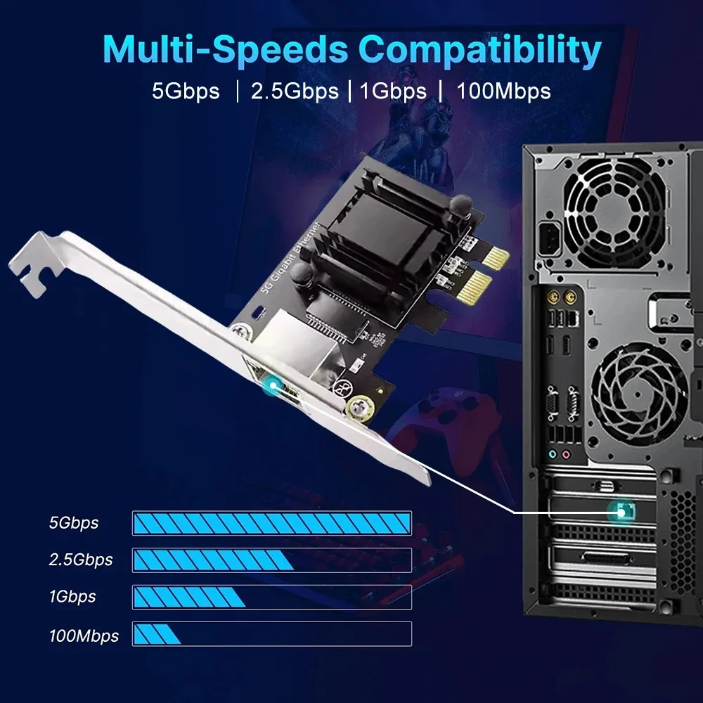 Placa de rede pci-e para rj45 de 5000mbps realtek 8126 1g/2.5g/5g interface rj45 gigabit ethernet pci express x1 x4 x8 x16 adaptador