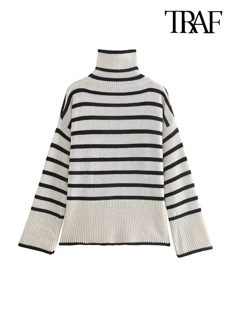 TRAF Women Fashion Oversized Winter Striped Knit Sweater Vintage High Neck Long Sleeve Female Pullovers Chic Tops