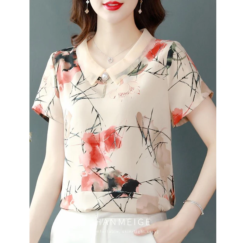 Blusa feminina com estampa floral frisada, camisa elegante de manga curta, blusa feminina solta chique, moda casual, verão, nova, 2024