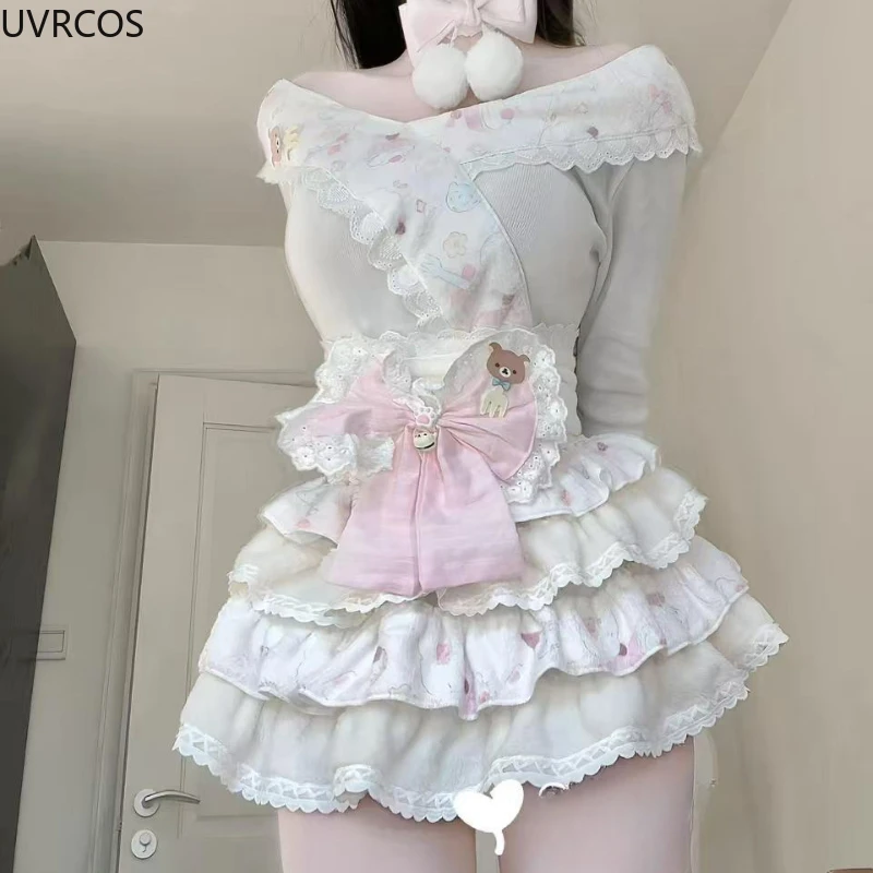 Japonês doce lolita estilo saia conjunto feminino kawaii floral impressão mangas compridas topo bonito bolo saia com arco cinto mini saia terno