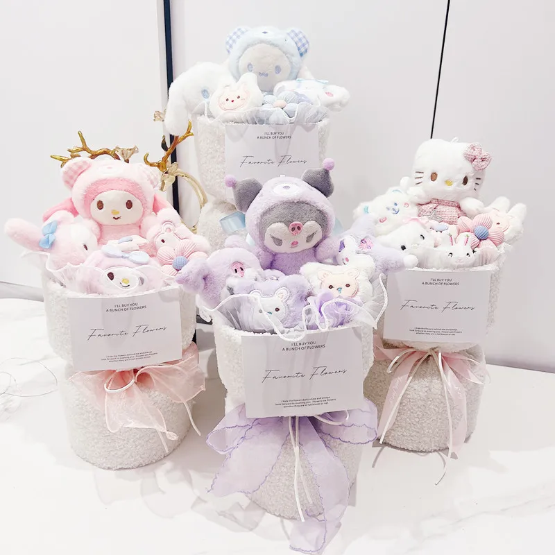 

Cute Sanrio Hello Kitty Doll Flower Bouquet Kuromi Cinnamoroll Melody Kawaii Plush Toy Valentinegirls Christmas Graduation Gift