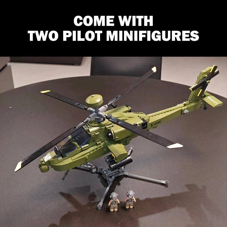 734 PCS Military AH-64 Apache Longbow Gunship Building Blocks US Army Air Force Attack Helicopter with Soldiers Bricks Toys Gift