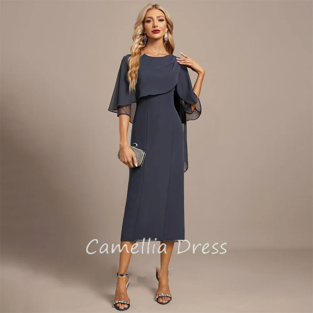 New Scoop Neck Mother Of The Bride Dress Sheath Tea-Length Chiffon Formal Dresses Beading Vestidos Mae Da Noiva Casamentos