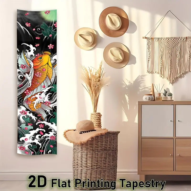 VIKAMA Koi Fish Cherry Blossom Wall Runner Long Tapestry Japanese Wave Vertical Banner for Bedroom Living Room Dorm Decor