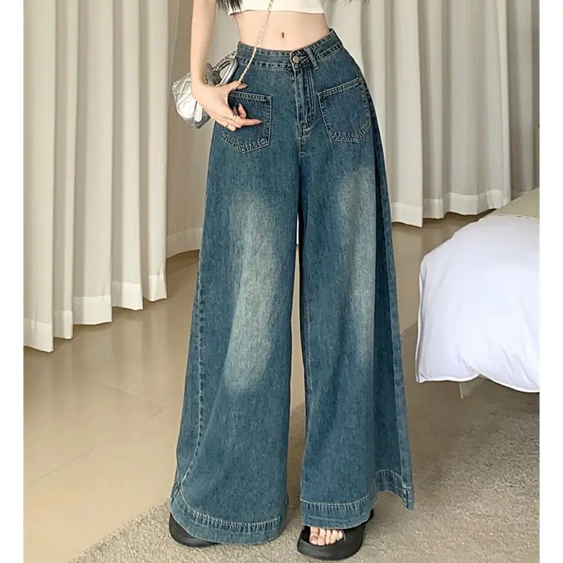 Female Jeans 2024 Summer Retro  High Waist Loose Drape Dragging Floor Wide Leg Pants Design Sense Large Flared Pants