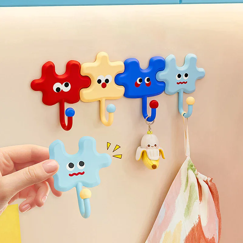 4 Pcs Hooks Cartoon Colorful Puzzle Decorative Hooks Creative Self-Adhesive Cute Puzzle Key Hook No Need For Drilling Home