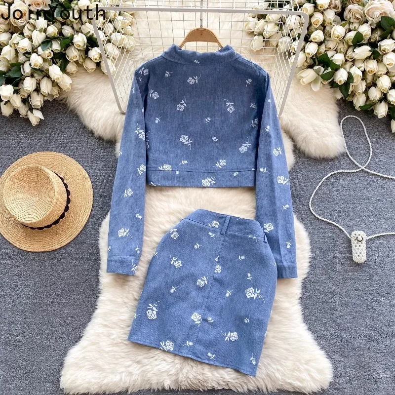 Denim Two Piece Sets for Women Vintage Print Long Sleeve Zipper Cardigan Y2k High Waist Bodycon Skirts Roupas Femme Korean Set