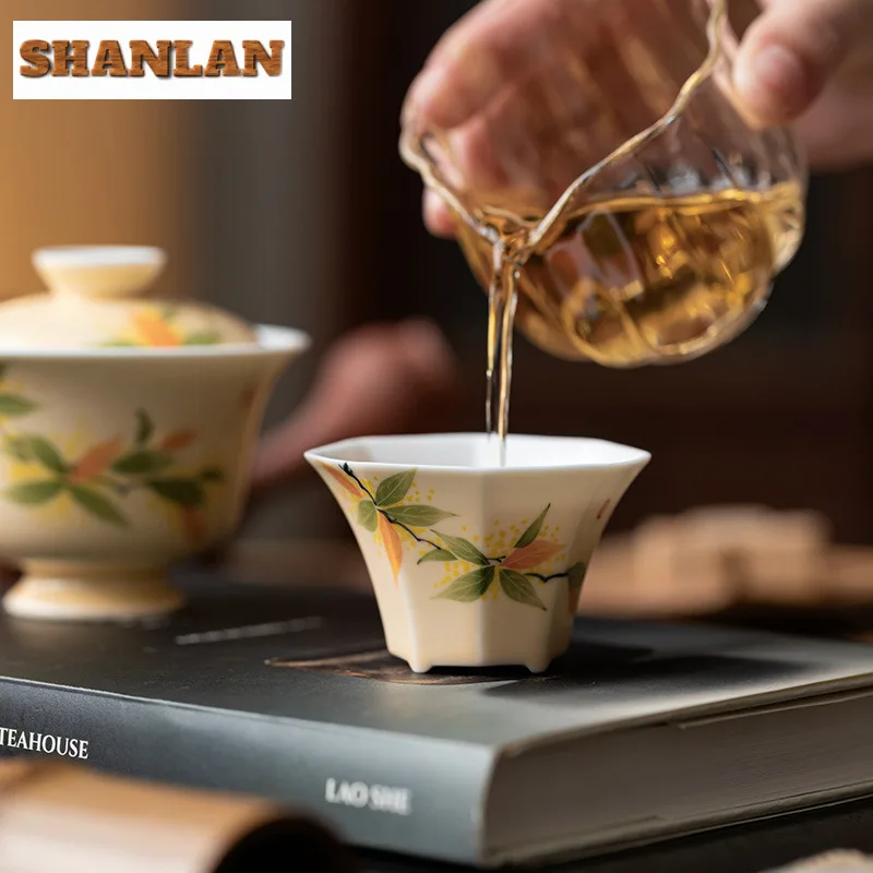 2pc/lot Hand Painted Osmanthus Octagon Teacup Aesthetic Tea Bowl Jug Tea-tasting Meditation Cup Jianzhan Master Cup Teaset 45ml