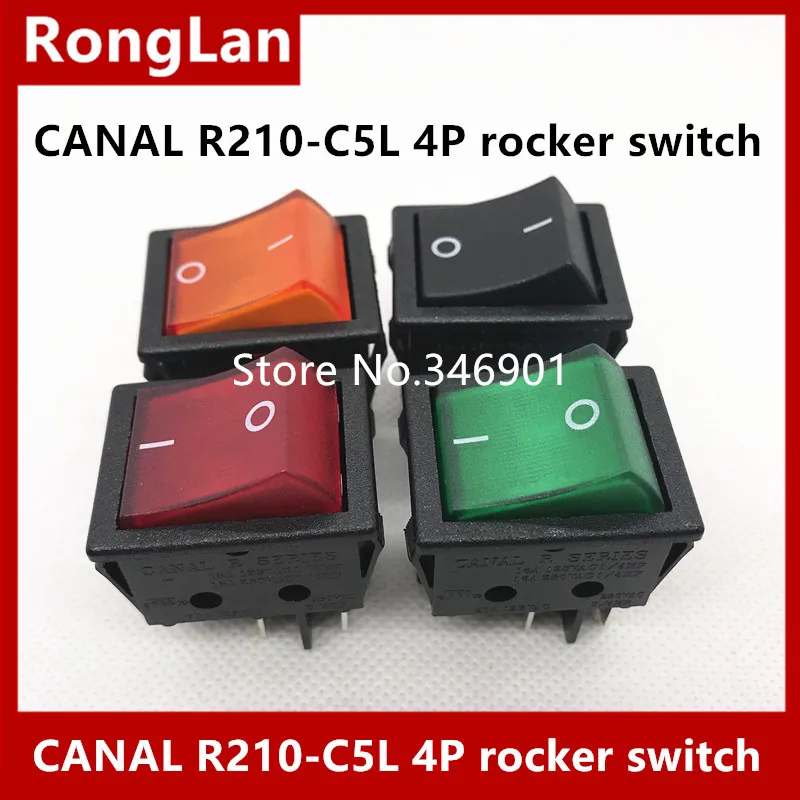 [SA]CANAL power rocker switch  light yellow GREEN RED  black border exchange large R210-C5L rocker switch toggle R210 4P--50pcs