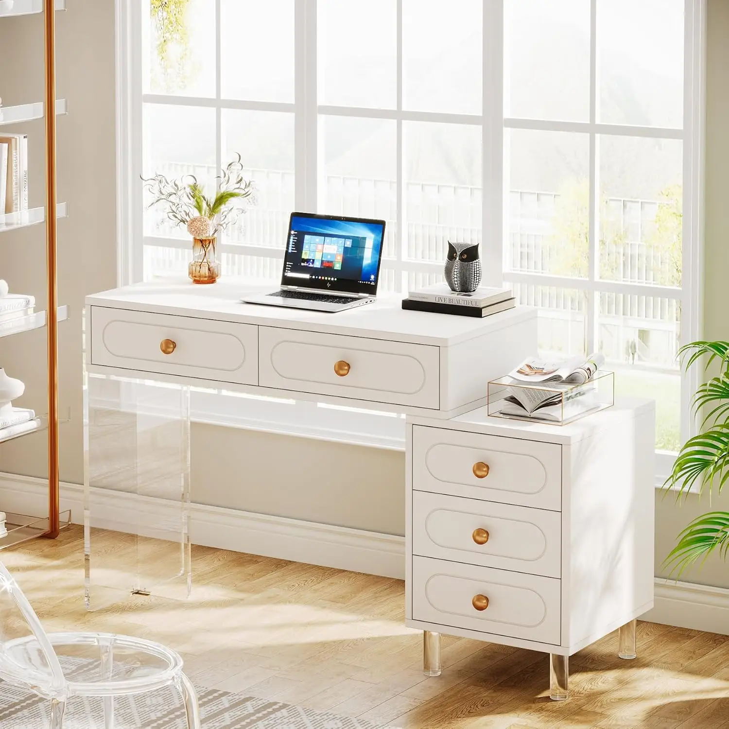 White Computer Desk, Modern PC Desk with 5 Drawers and Acrylic Legs, Extendable Study Writing Table Workstation