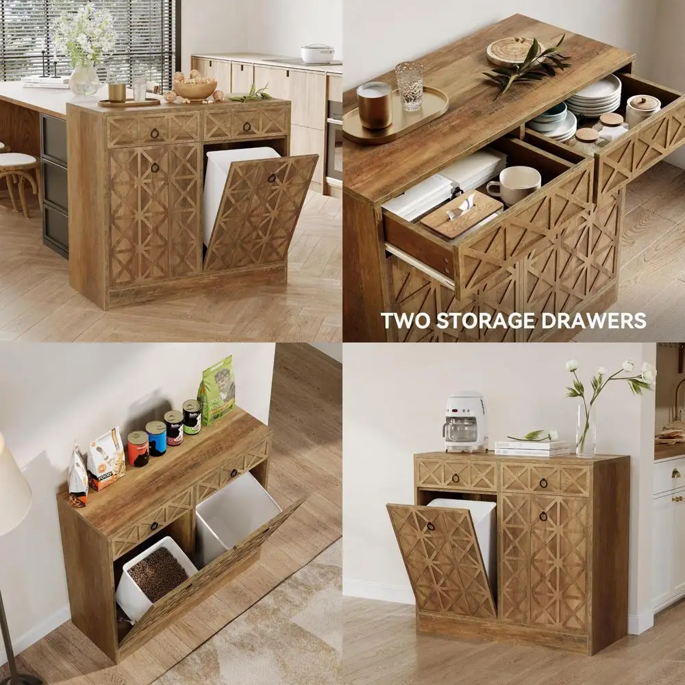 

modern double tilt-out trash cabinet with 13 gallon capacity and two drawers, freestanding wooden concealed trash storage