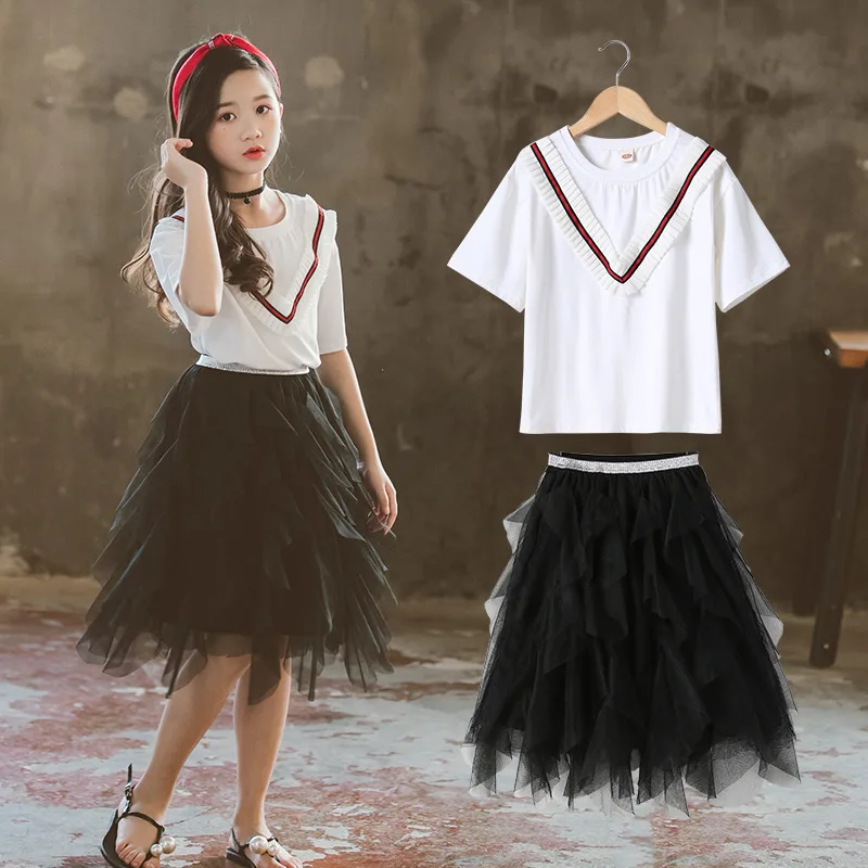 

2024 Korean Summer Children Girl 2PCS Clothes Set School Girl Cotton T-Shirt Tops+Gauze Fluffy Skirt Set For Girls