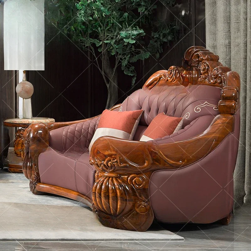 Luxury European villa sofa imported ebony solid wood lanterns carved leather sofa.