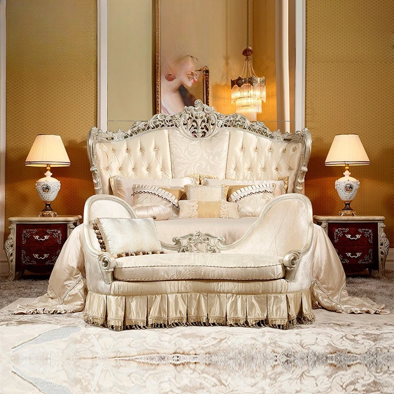 

French court luxury fabric double bed European solid wood carving flower princess bed wedding bed villa master bedroom furniture