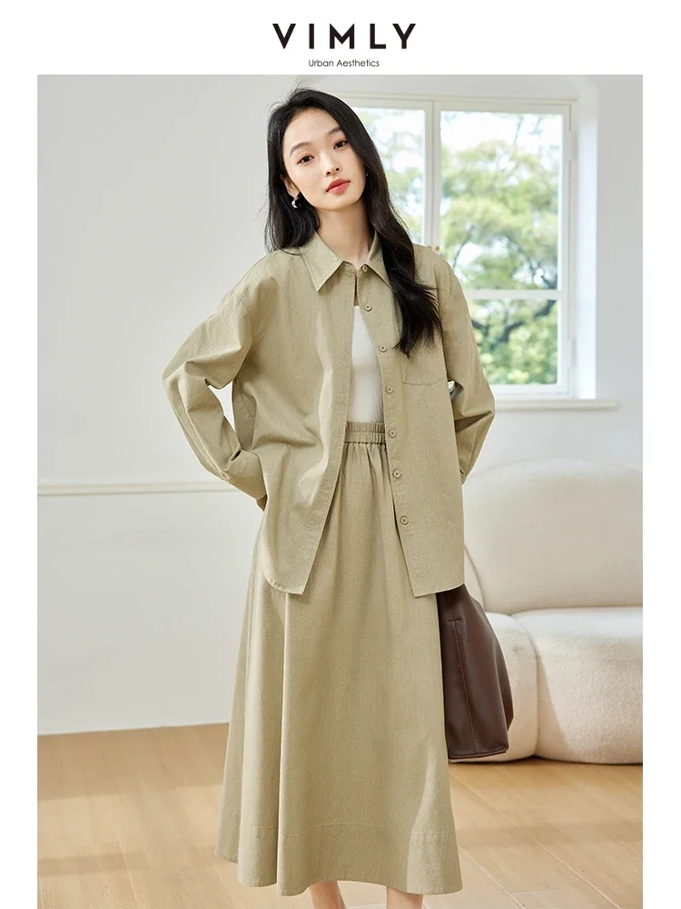 VIMLY Fashion Office Lady Solid Set Women\'s Commuter Long Sleeve Lapel Cardigan T-Shirt+High-Waist Skirts Suit New Autumn Trendy