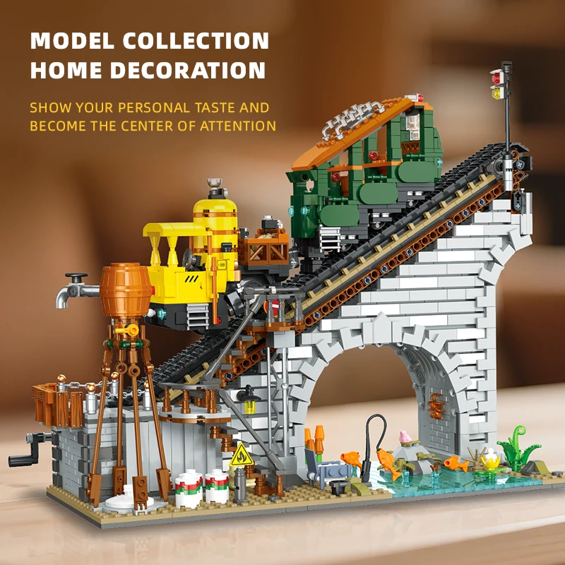 

59164 building blocks train model rack railway desktop ornaments, DIY retro train building toy, children's birthday toy gift