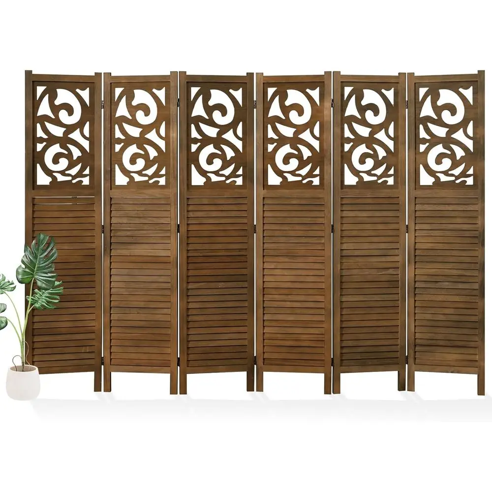 

6-Panel Wooden Carved Privacy Screen, Portable & Reversible, Ideal for Home, Office, or Restaurant (Brown)