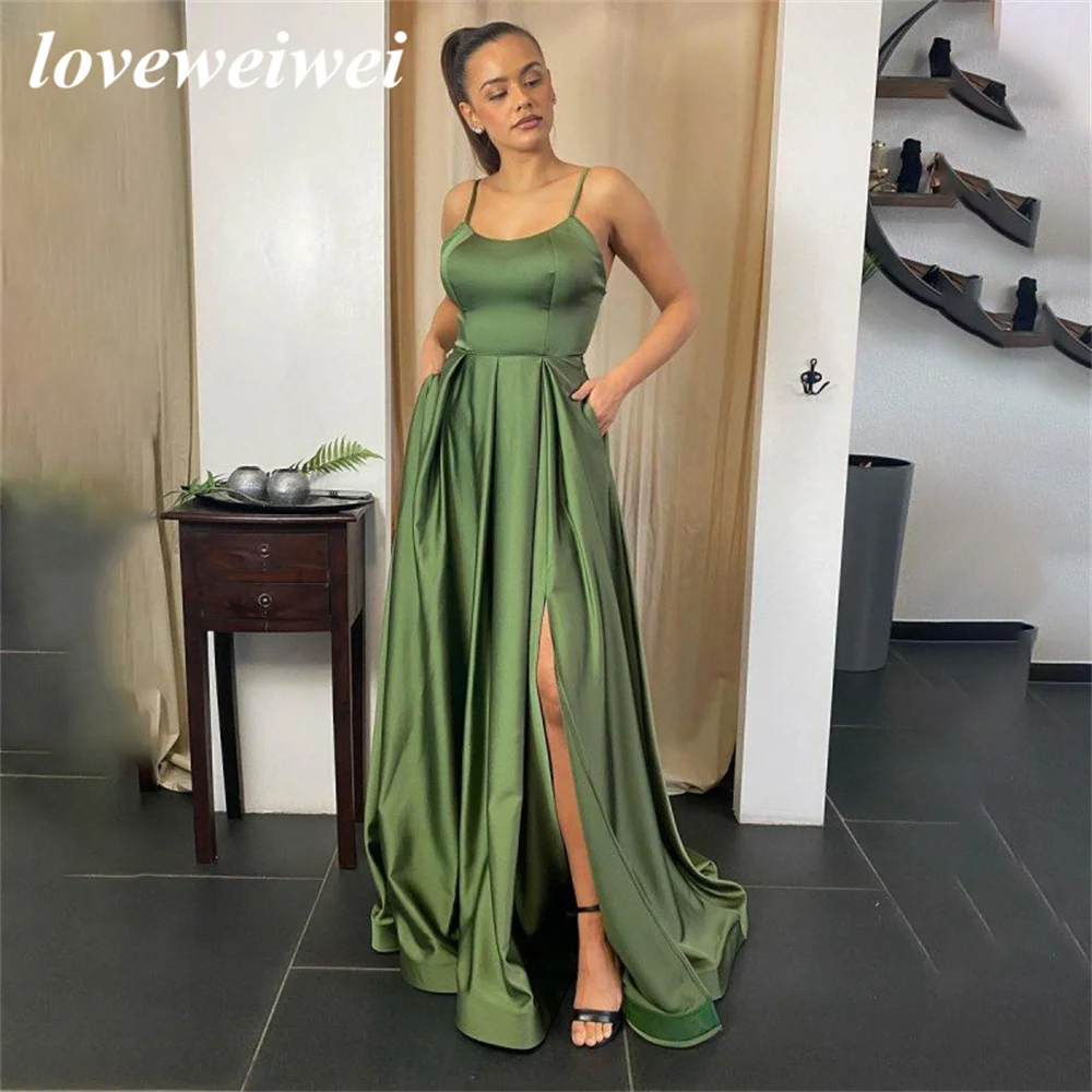 Drak Green linia suknie wieczorowe z wycięciem Prom ramiączko Spaghetti do sukienki sukienki imprezowe wysoki podział rozmiar niestandardowy vestidos de noche