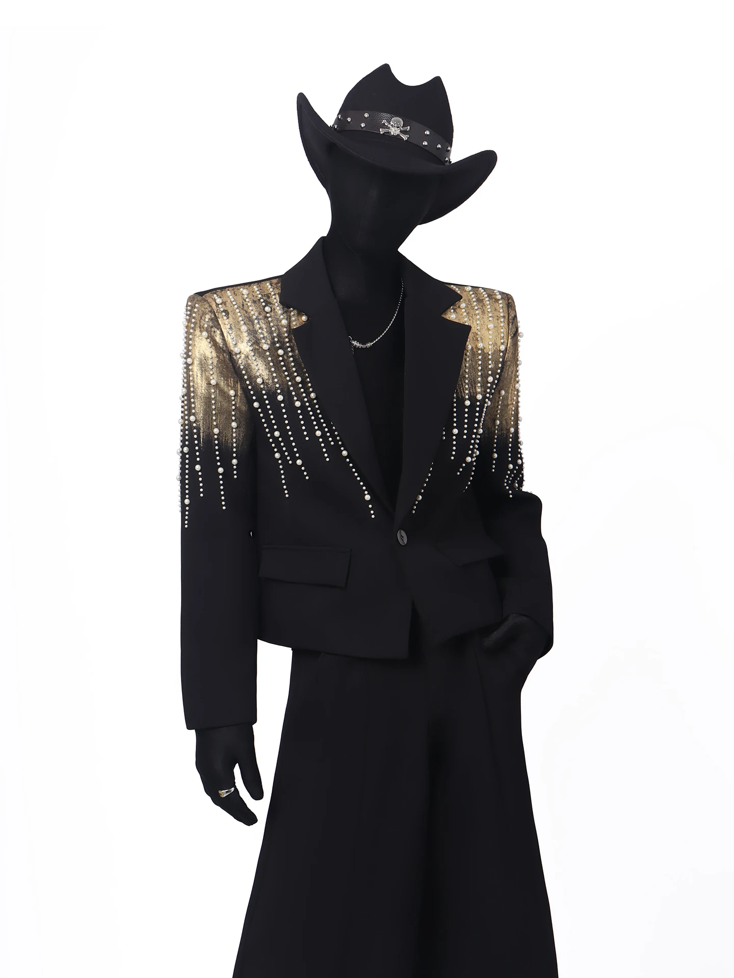 

Black Heavy Duty Beaded Men's Suit Jacket Stage Performance High End Glitter Western Wear Casual Long Sleeve Flat Collar