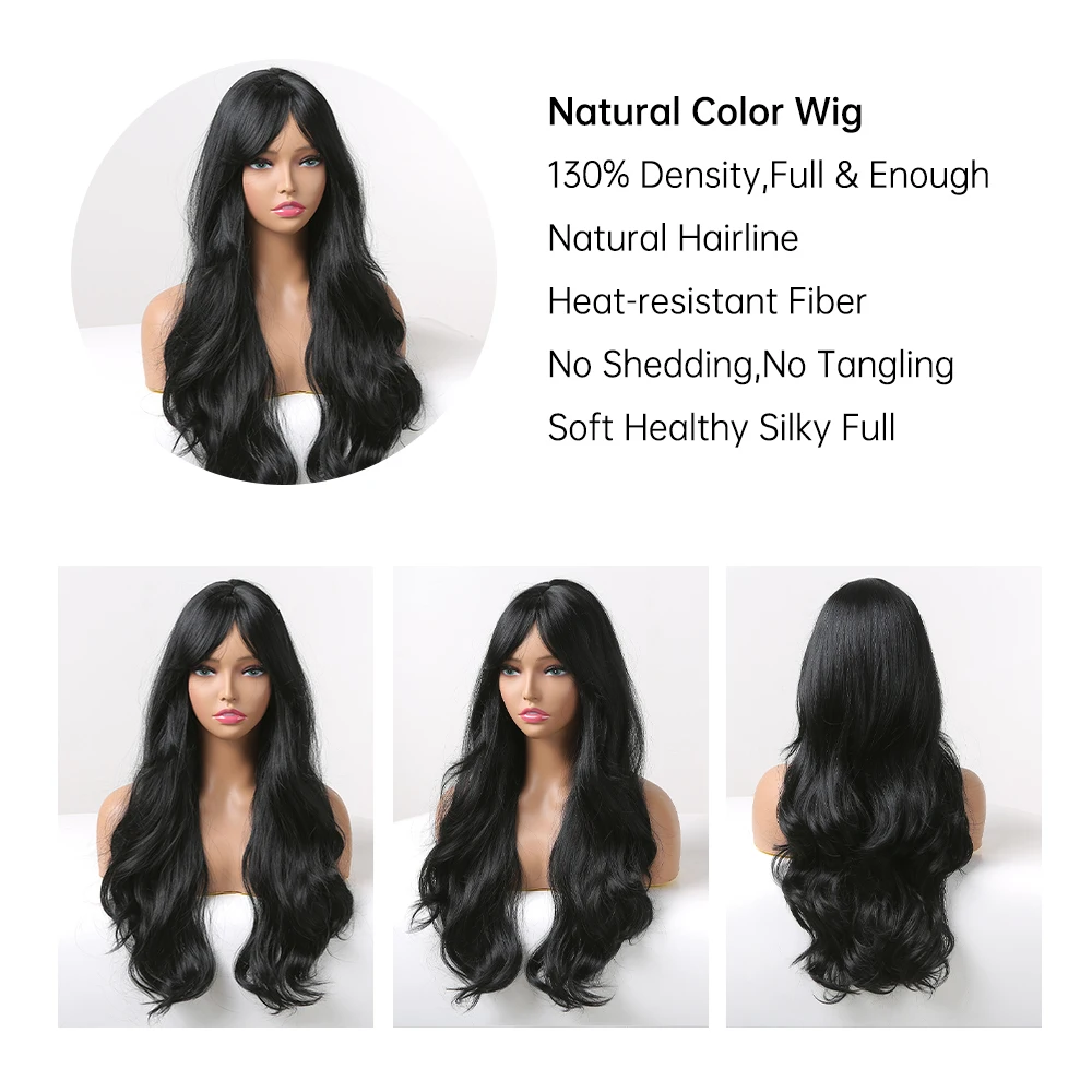 ALAN EATON Long Black Synthetic Wigs with Bangs Natural Wavy Wig for Women Daily Party Natural Looking Hair Heat Resistant Fiber