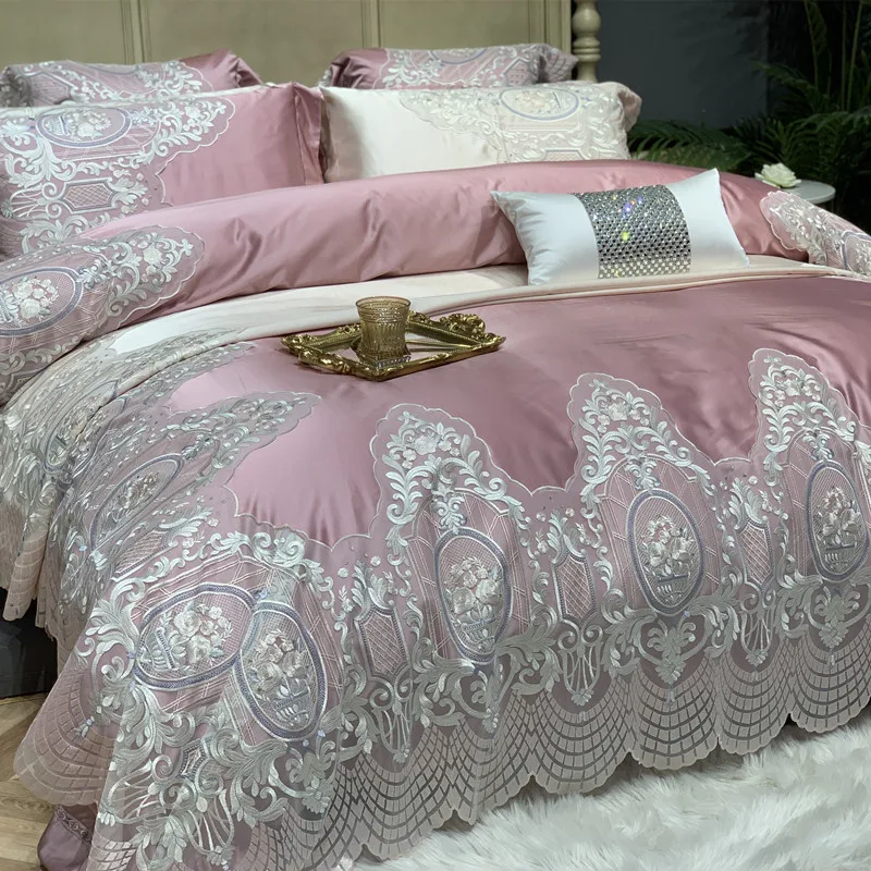 

European Palace 140 Thread 4pieces Set High Precision Brocade Cotton Luxury Princess Wedding Lace Bedding Set Duvet Cover Set