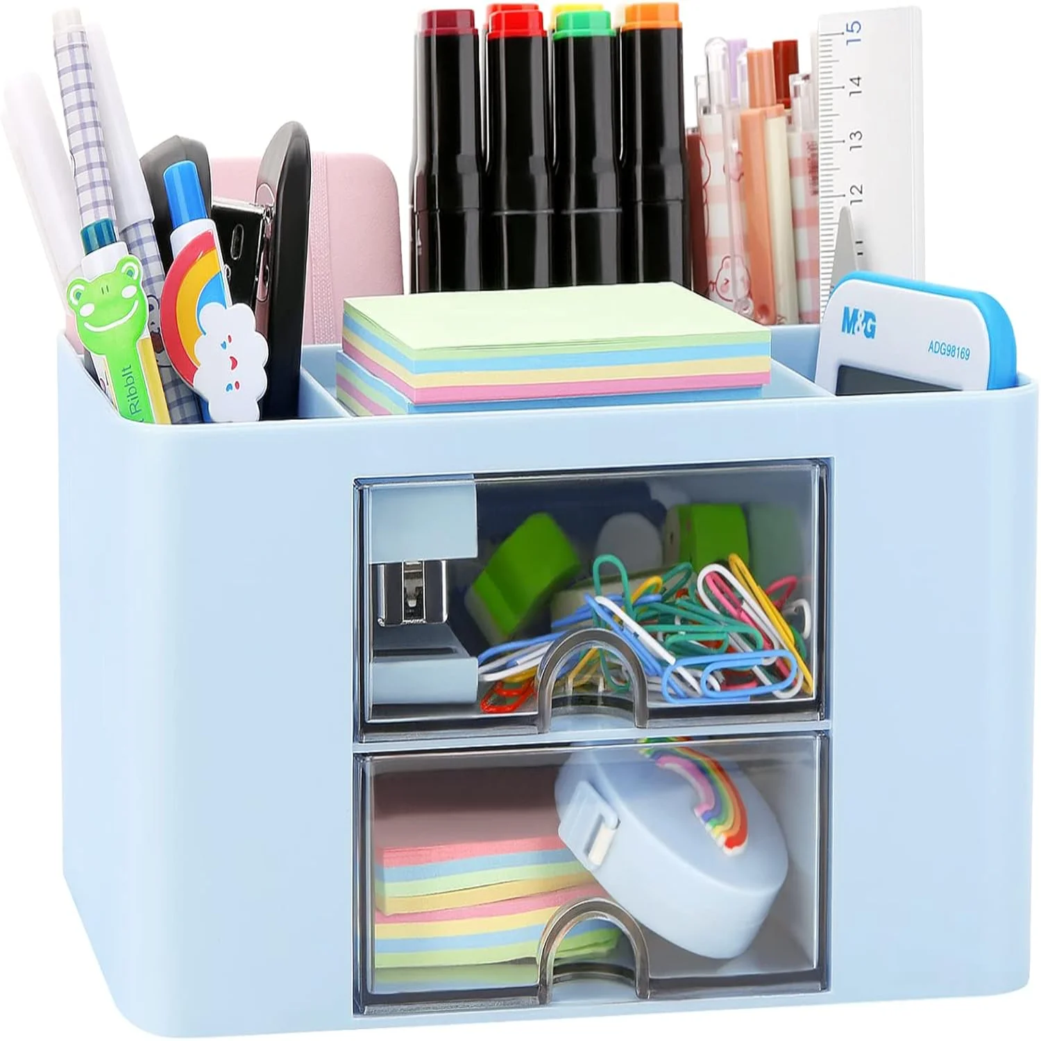 Desk Organizer with 2 Drawer, Plastic Desktop Pen Pencil Card Holder   for Desk, Office Supplies, Vanity Table Office School