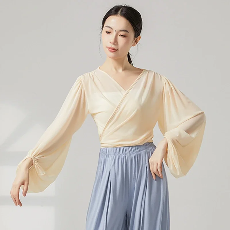 Top da donna per danza classica, manica a lanterna, cravatta in vita, camicia con scollo a V, camicetta in rete, yoga, trasparente, top da allenamento per danza popolare cinese
