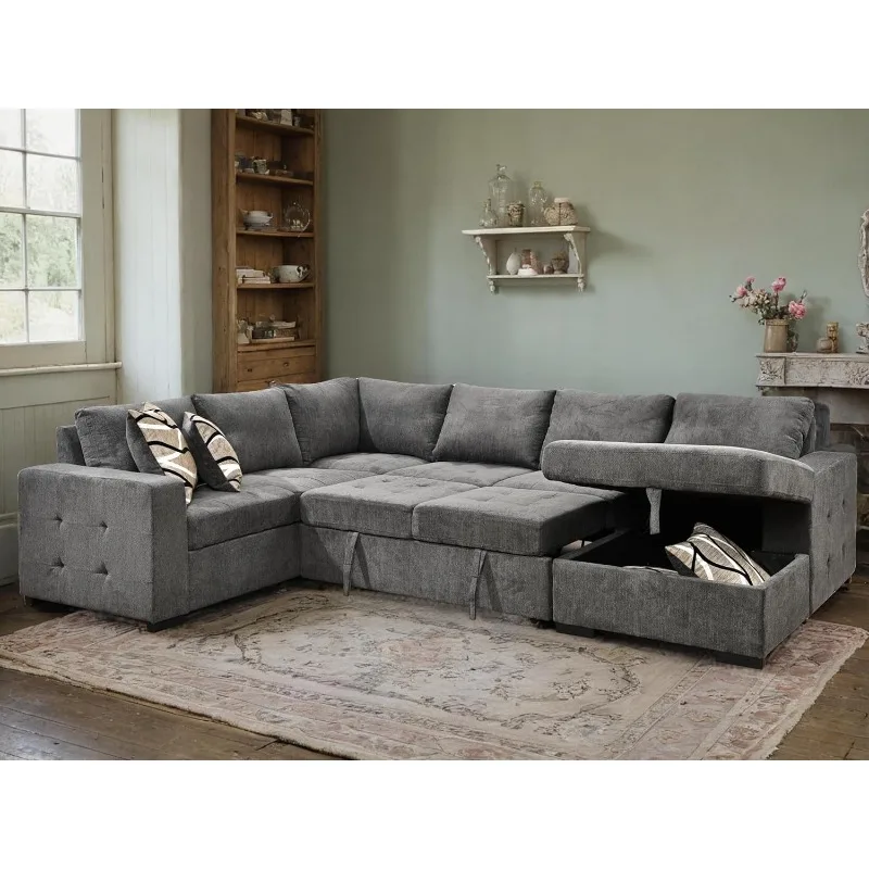 Divano letto componibile con chaise longue portaoggetti, divano componibile oversize a forma di U con letto estraibile per soggiorno